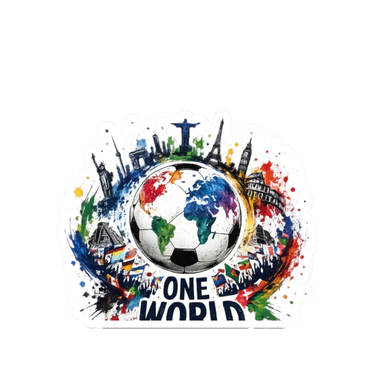 One World Soccer Sticker — Colorful Global Football Kiss-Cut Decal
