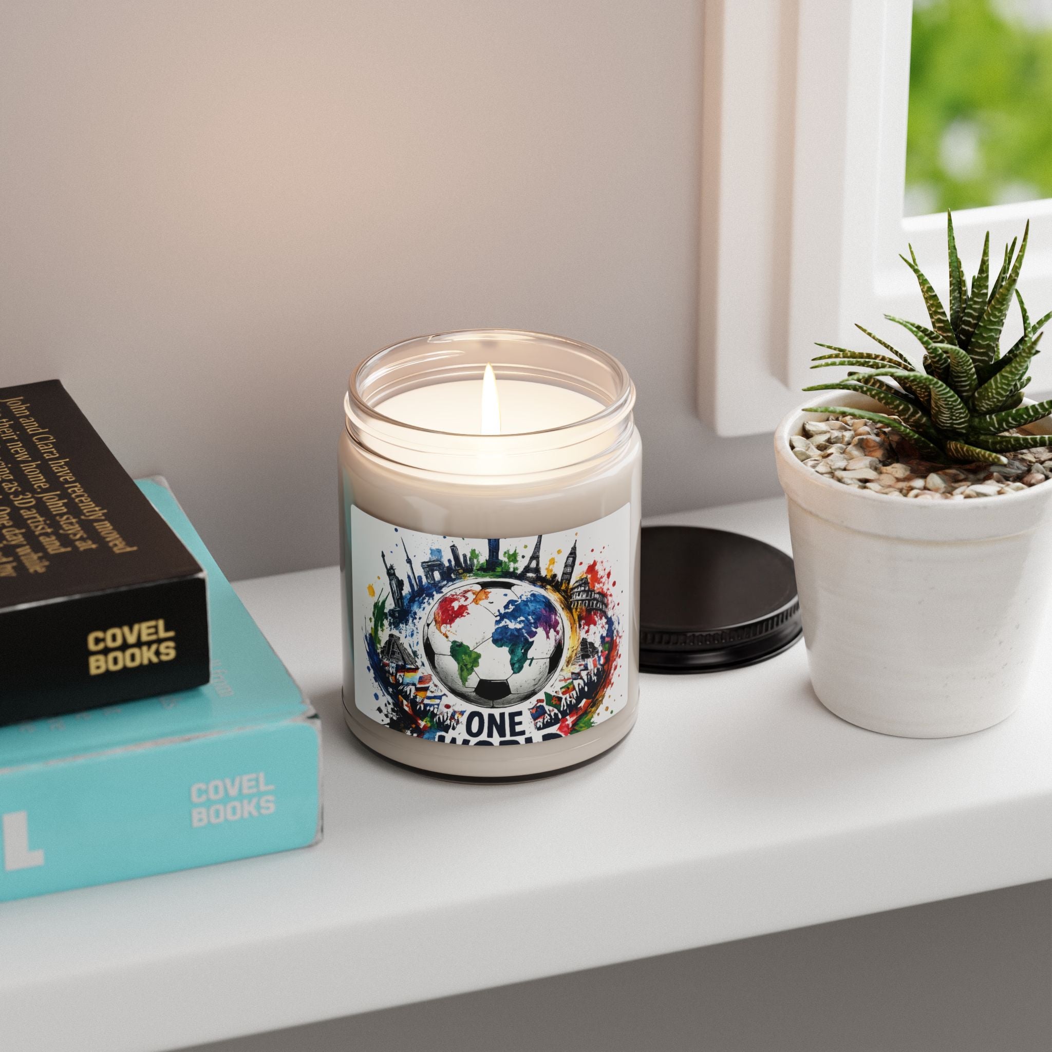 One World Soy Candle — 9oz Scented Jar (Earth & Cityscape Design)