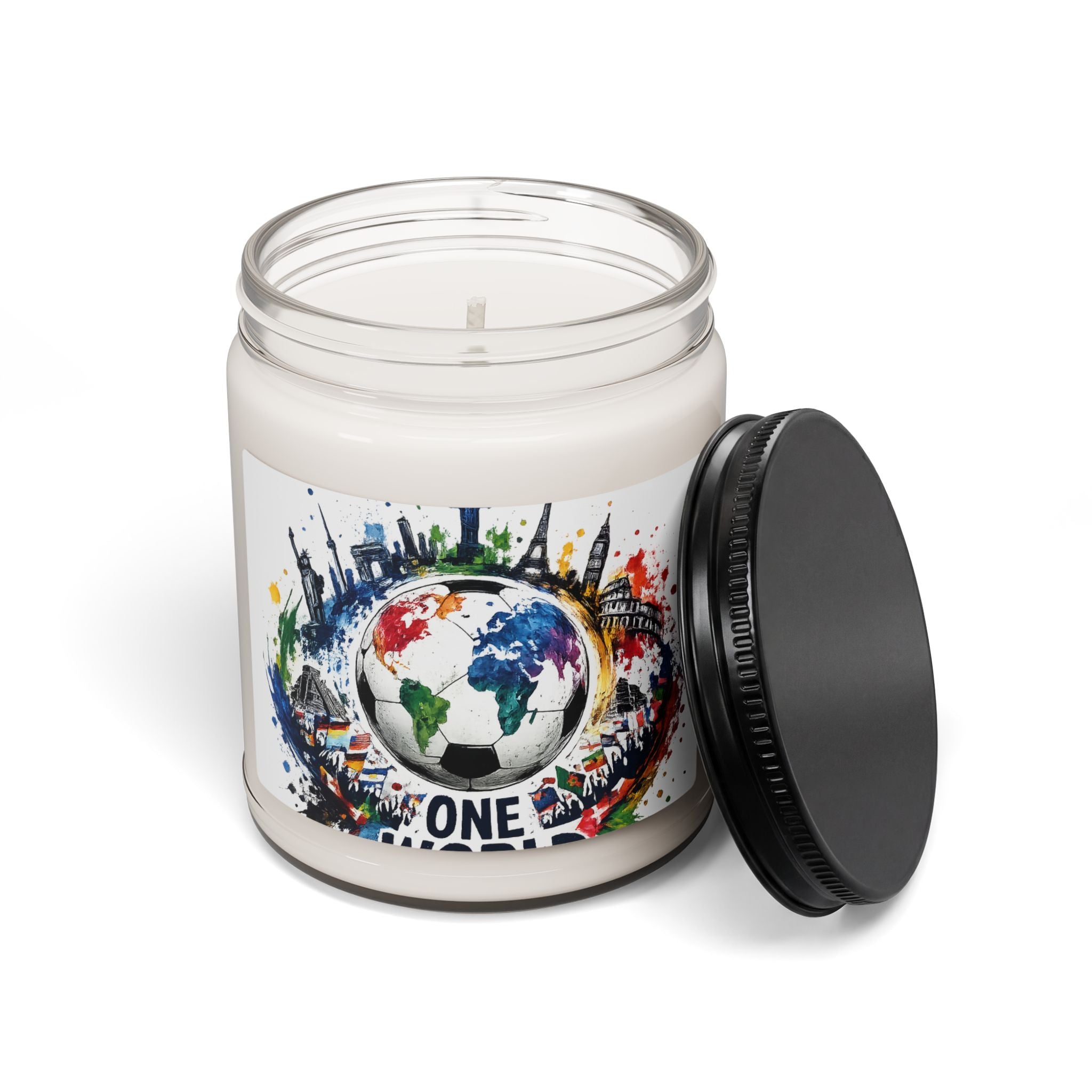 One World Soy Candle — 9oz Scented Jar (Earth & Cityscape Design)
