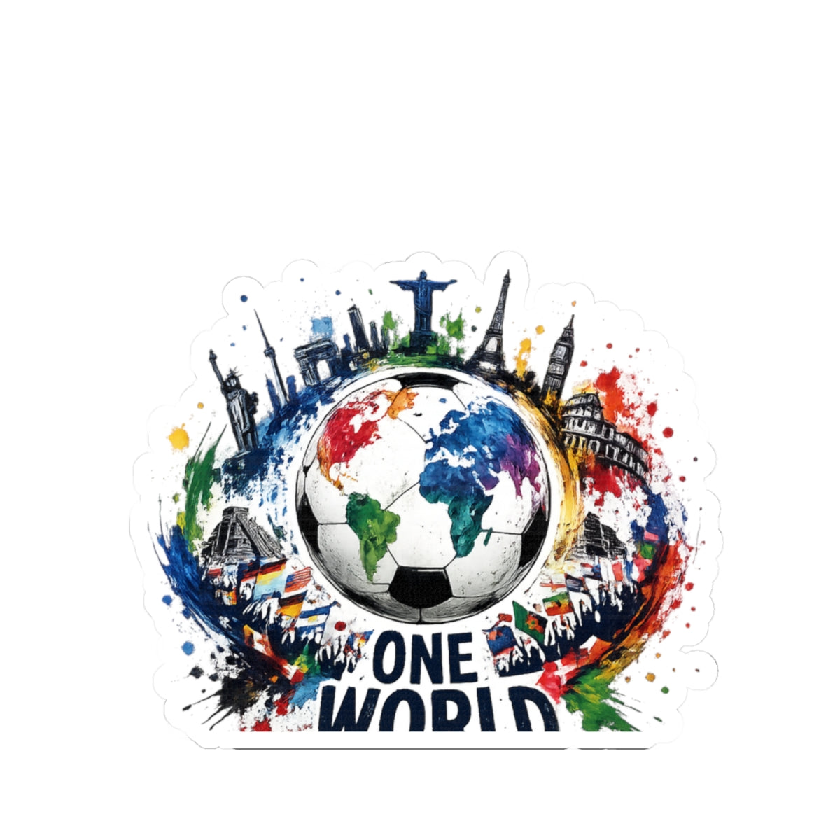 One World Soccer Sticker — Colorful Global Football Kiss-Cut Decal
