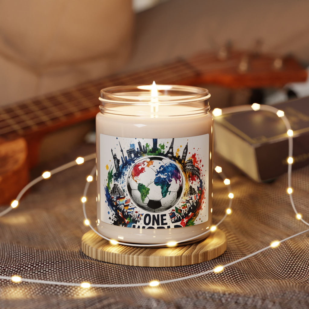 One World Soy Candle — 9oz Scented Jar (Earth & Cityscape Design)