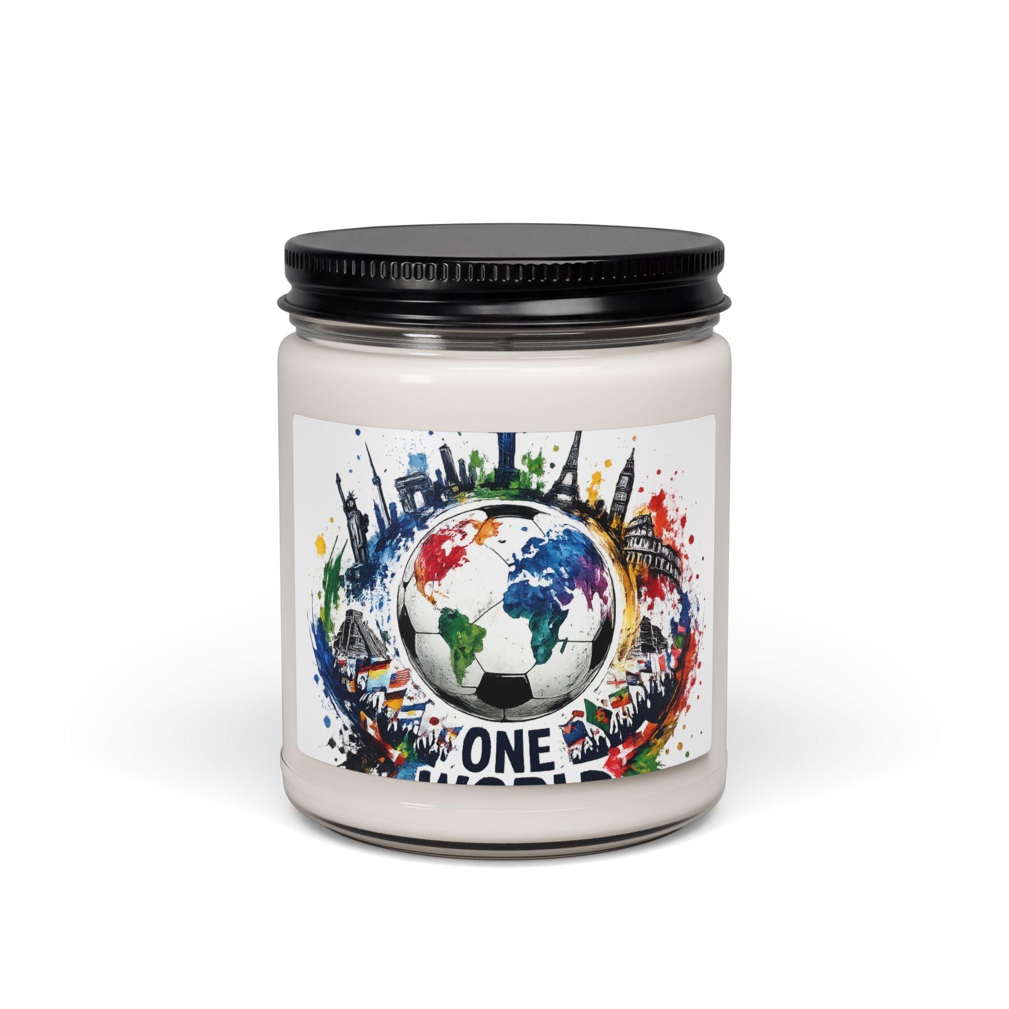 One World Soy Candle — 9oz Scented Jar (Earth & Cityscape Design)