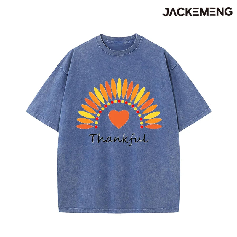 Oversized Washed Retro Thanksgiving Streetwear Print Tshirt USA Stock Wholesale Y2K Casual Tee