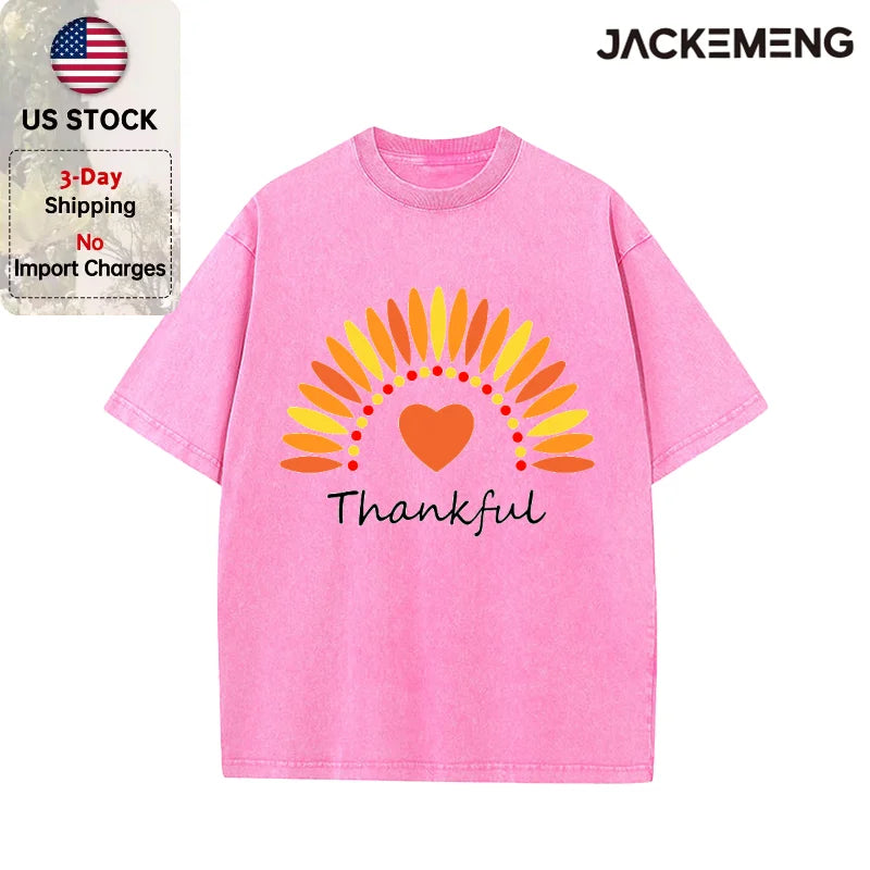 Oversized Washed Retro Thanksgiving Streetwear Print Tshirt USA Stock Wholesale Y2K Casual Tee