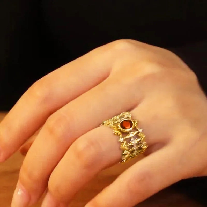 T0651 Crown Cocktail Ring Gold Garnet Vintage Prong Setting Women's Wedding Fine Rings