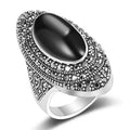 T0576 Women's 925 Sterling Silver Ring With Onyx Stone Vintage Geometric Pave Setting Party Jewelry