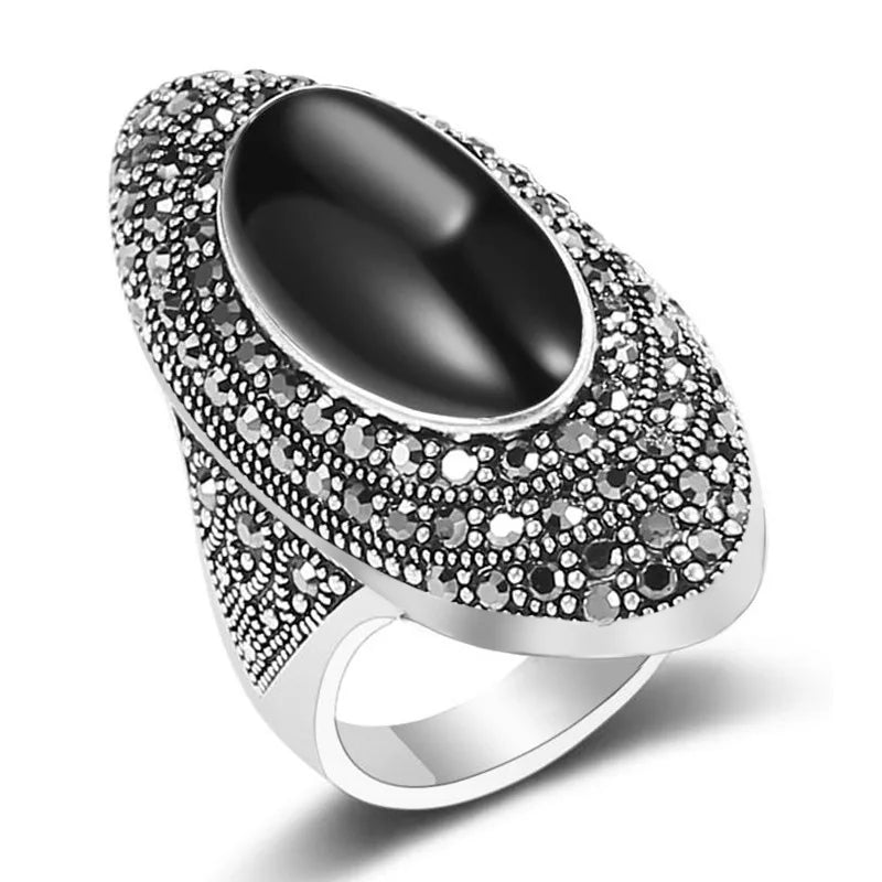 T0576 Women's 925 Sterling Silver Ring With Onyx Stone Vintage Geometric Pave Setting Party Jewelry