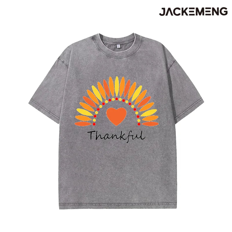 Oversized Washed Retro Thanksgiving Streetwear Print Tshirt USA Stock Wholesale Y2K Casual Tee