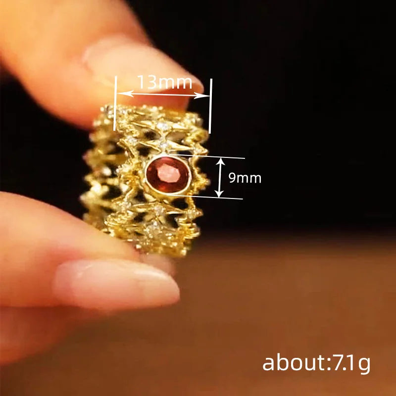 T0651 Crown Cocktail Ring Gold Garnet Vintage Prong Setting Women's Wedding Fine Rings