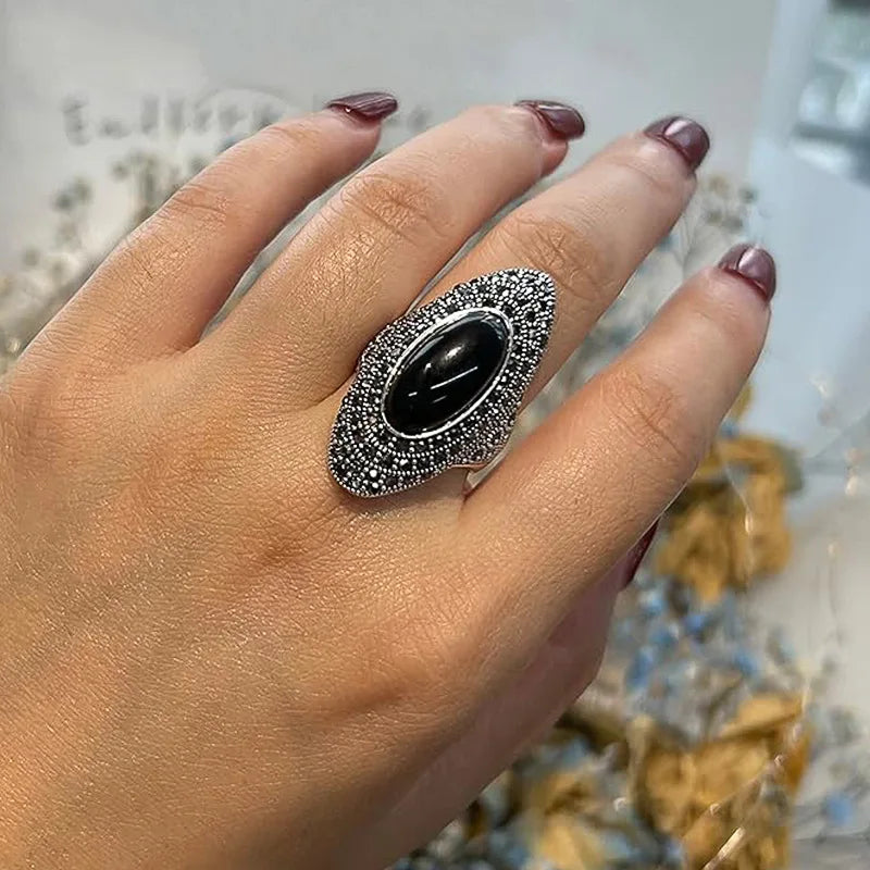 T0576 Women's 925 Sterling Silver Ring With Onyx Stone Vintage Geometric Pave Setting Party Jewelry