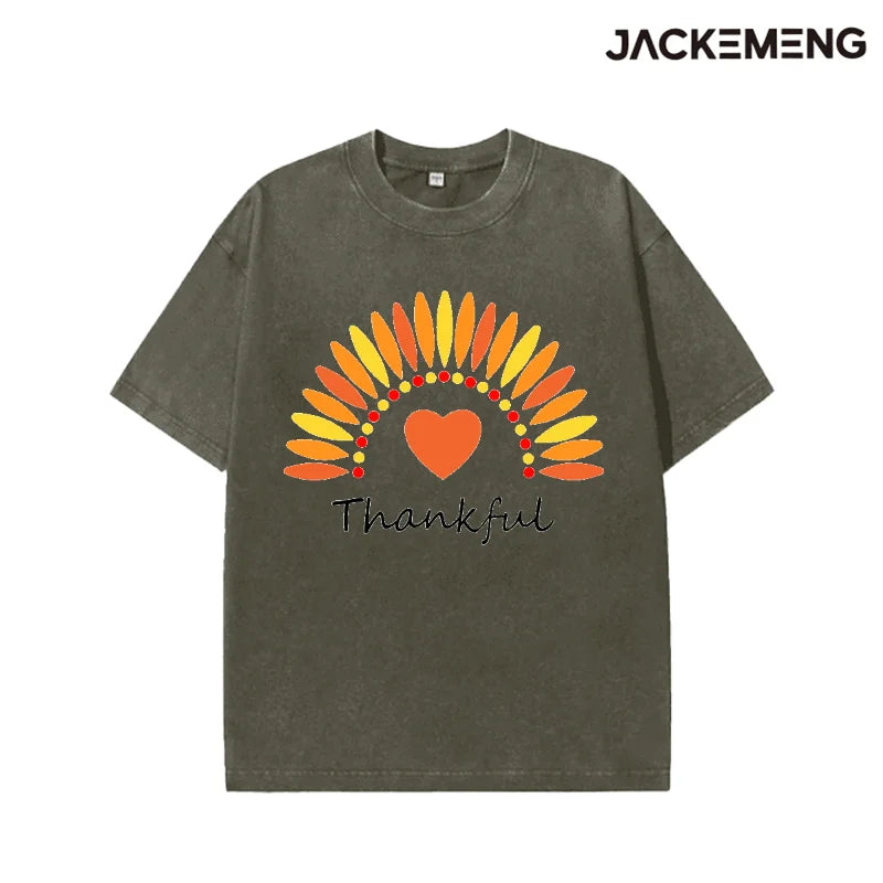 Oversized Washed Retro Thanksgiving Streetwear Print Tshirt USA Stock Wholesale Y2K Casual Tee