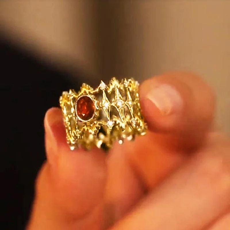T0651 Crown Cocktail Ring Gold Garnet Vintage Prong Setting Women's Wedding Fine Rings