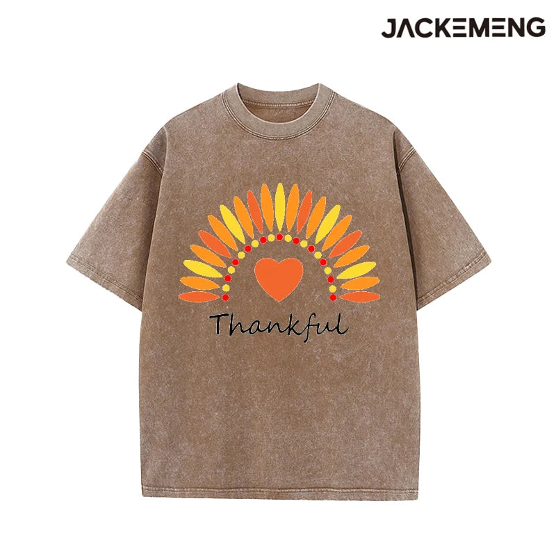 Oversized Washed Retro Thanksgiving Streetwear Print Tshirt USA Stock Wholesale Y2K Casual Tee