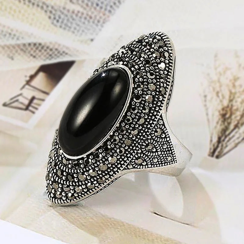 T0576 Women's 925 Sterling Silver Ring With Onyx Stone Vintage Geometric Pave Setting Party Jewelry