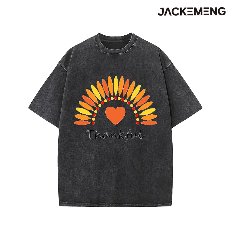 Oversized Washed Retro Thanksgiving Streetwear Print Tshirt USA Stock Wholesale Y2K Casual Tee