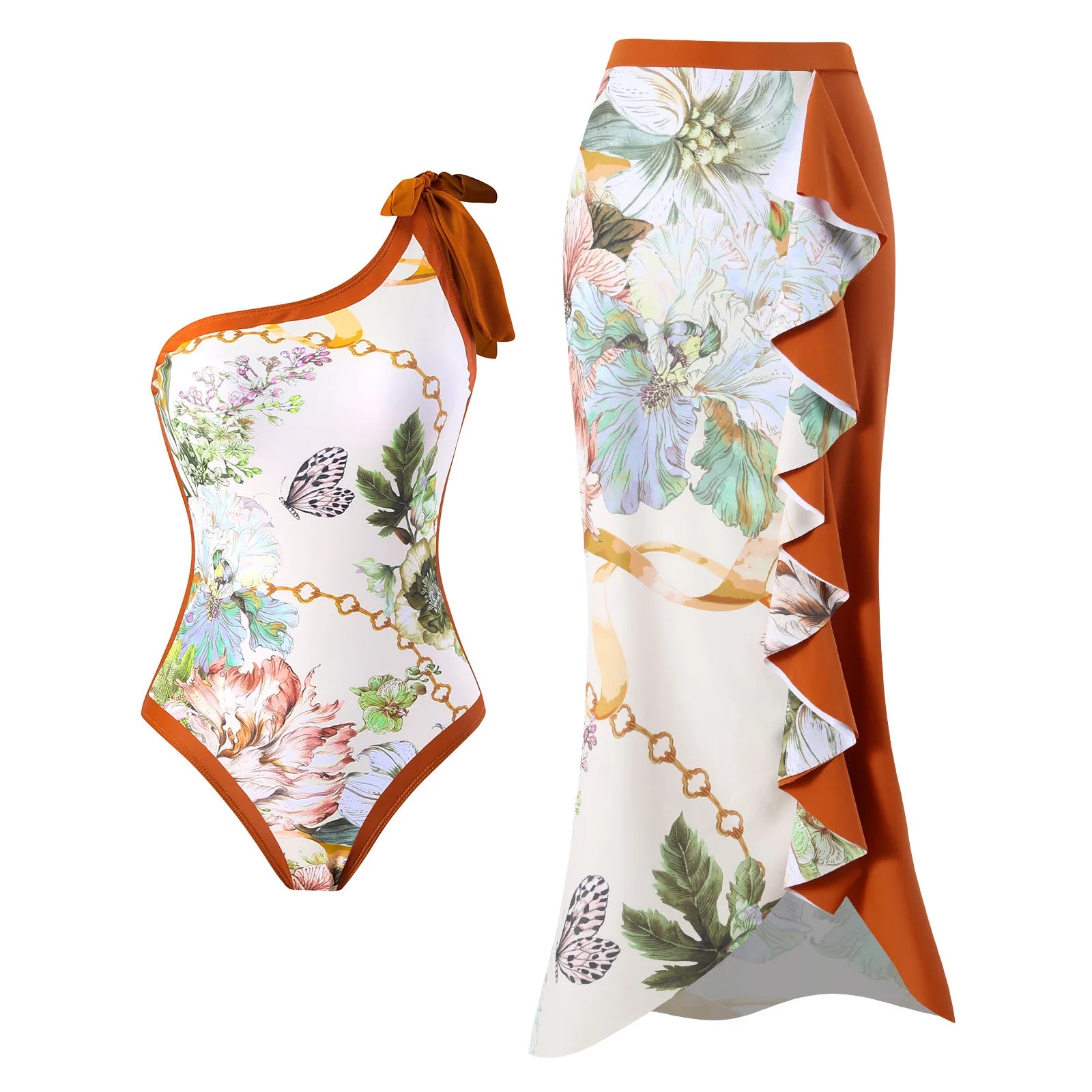 2026 One Shoulder Swimsuit & Long Skirt Padded Sexy Swimwear Women Bathing Suit Female Swimming Summer Beachwear Bodysuit