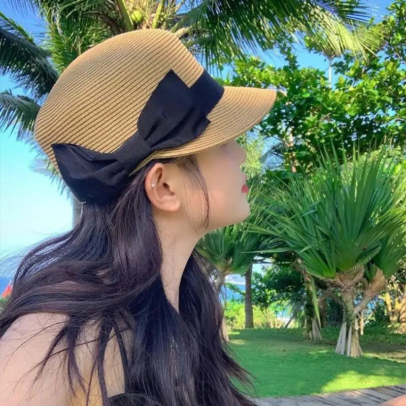 Summer Straw Hat For Women Outdoor Travel Beach Vacation Cap Vintage Bow Top Hat Girls French Flat Top Sun Visor Hats
