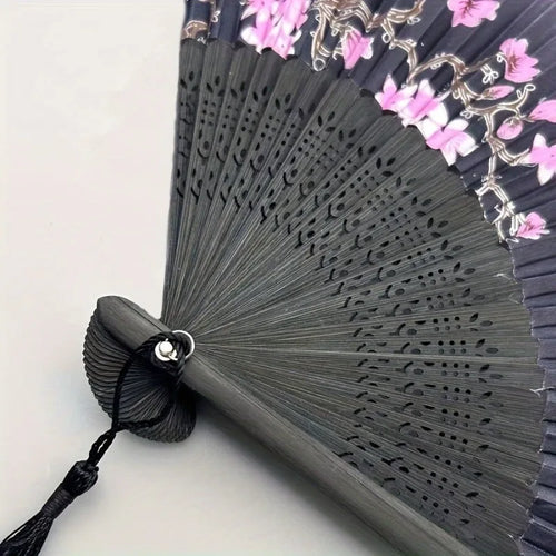 1 Vintage Floral Cherry Blossom Fan with Pink & Purple Artwork, Lightweight Portable Hand Fan for Hanfu Dance