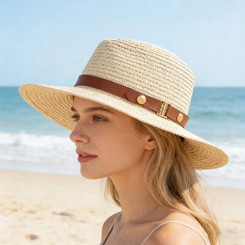 Women'S Summer Straw Hat with a Flat Top, Perfect for Outings And Sun Protection at The Beach.