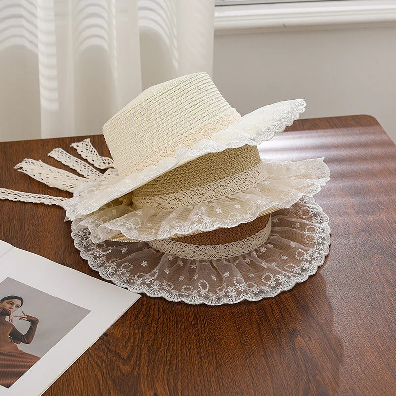 Summer outdoor travel sun hat for women, beach vacation sun hat with bow and ribbon, large brim straw hat