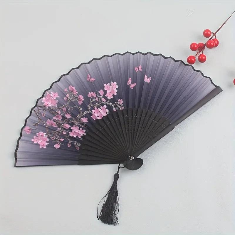 1 Vintage Floral Cherry Blossom Fan with Pink & Purple Artwork, Lightweight Portable Hand Fan for Hanfu Dance