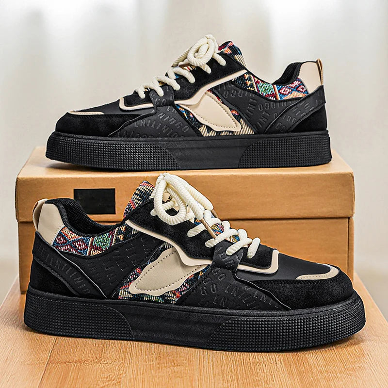 Men's Vintage Patchwork Platform Sneakers - Ethnic Tribal Print Low-Top Casual Shoes, Retro Fashion Walking Sneakers for Men
