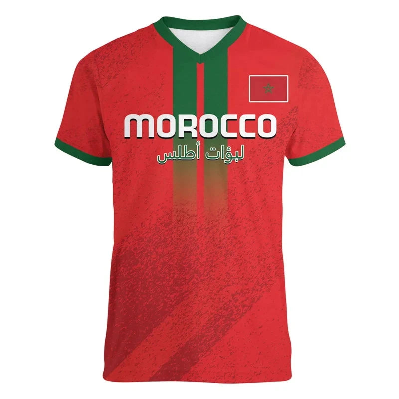 Morocco Football T-shirt For Men Clothing 3d Printed Moroccan Sports V Neck Tee Shirts GYM Tops Short Sleeve Casual Oversized