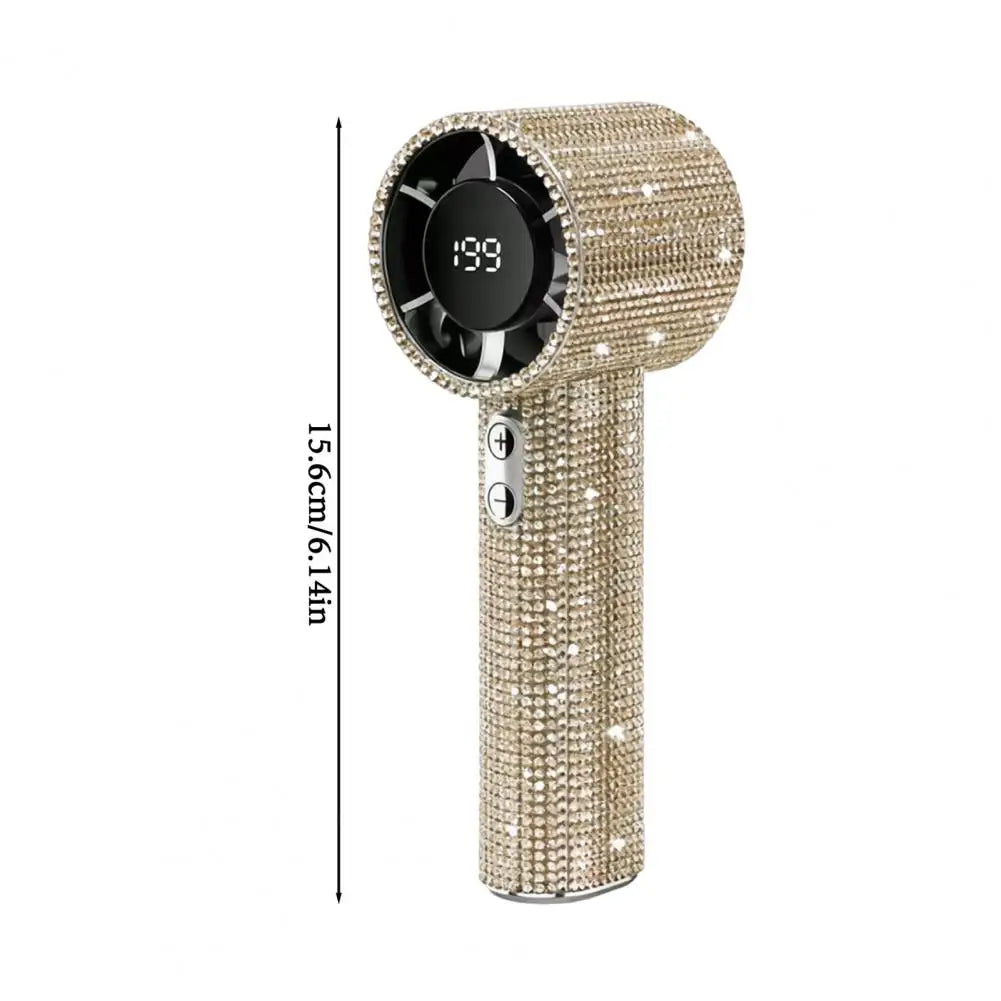 Rhinestone Handheld Fan with Digital Display, Turbo High Speed Portable Mini Fan, Quiet Operation Cooling Fan for Outdoor Travel