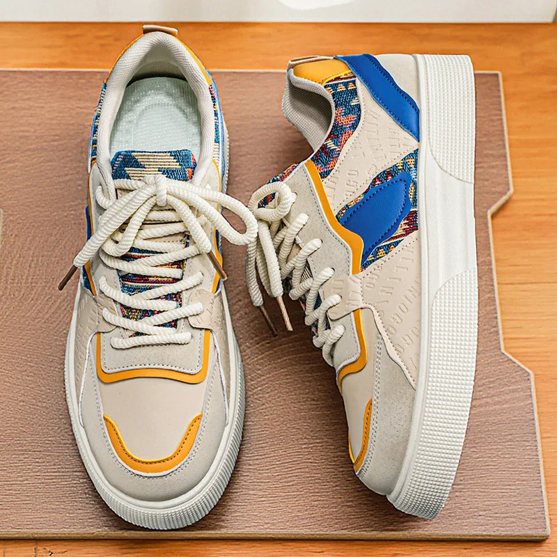 Men's Vintage Patchwork Platform Sneakers - Ethnic Tribal Print Low-Top Casual Shoes, Retro Fashion Walking Sneakers for Men
