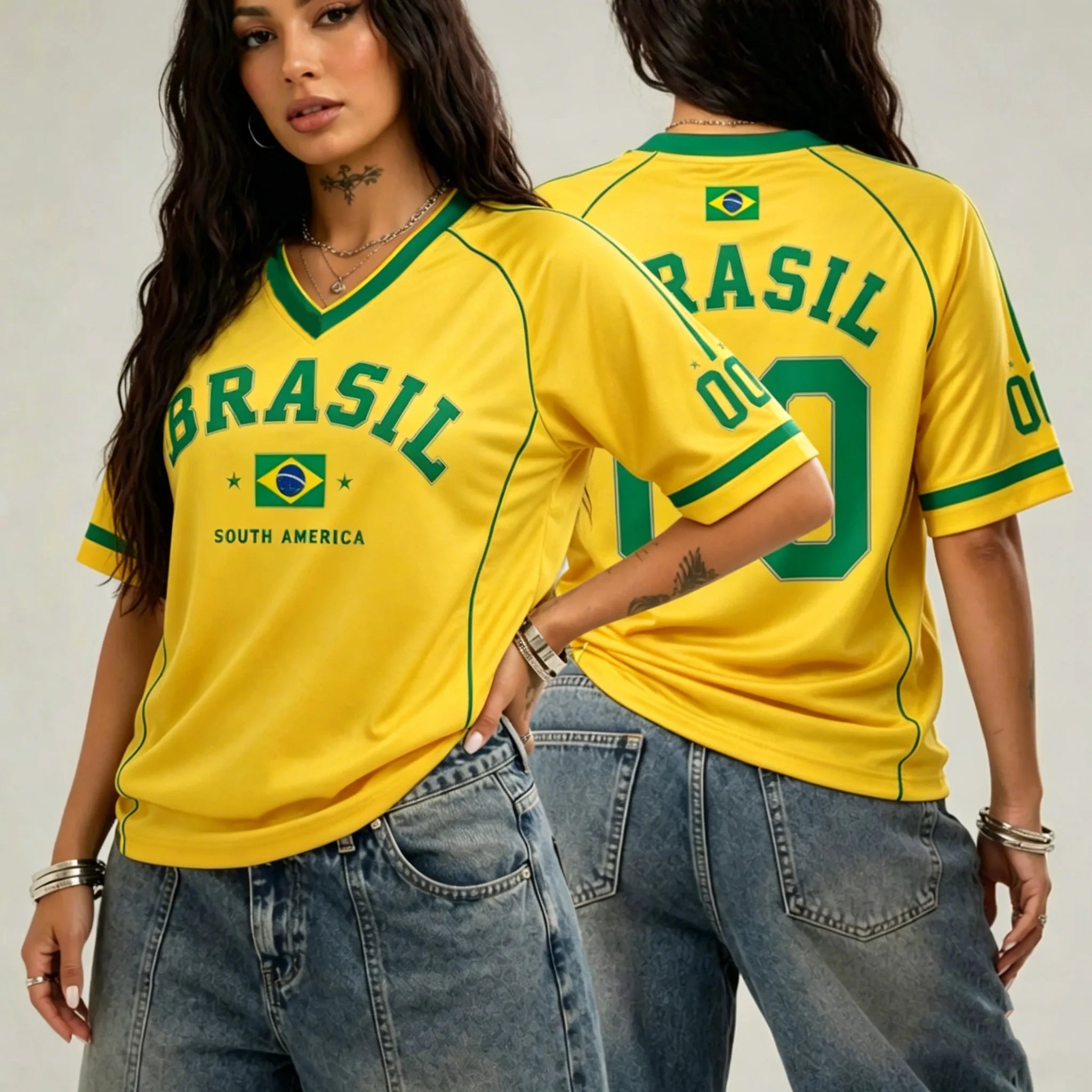 Women's Brazil 00 Print V-Neck Short Sleeve T-Shirt Summer Graphic Tee Jerseys Plus Size Sport T-Shirt