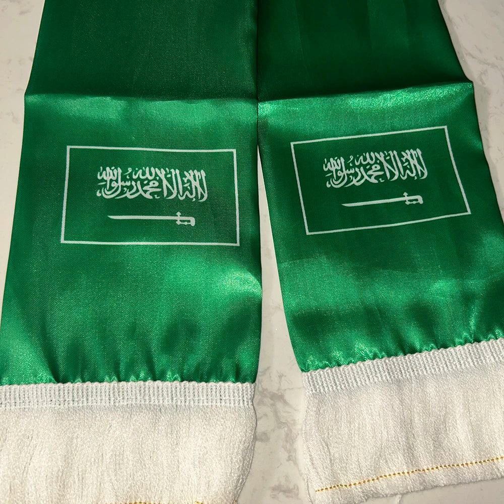 Saudi Arabia Scarf 12/14x135cm Double Printed Satin Saudi Arabia Flag Scarf Tassels for 2026 Football cup, Sports, Events