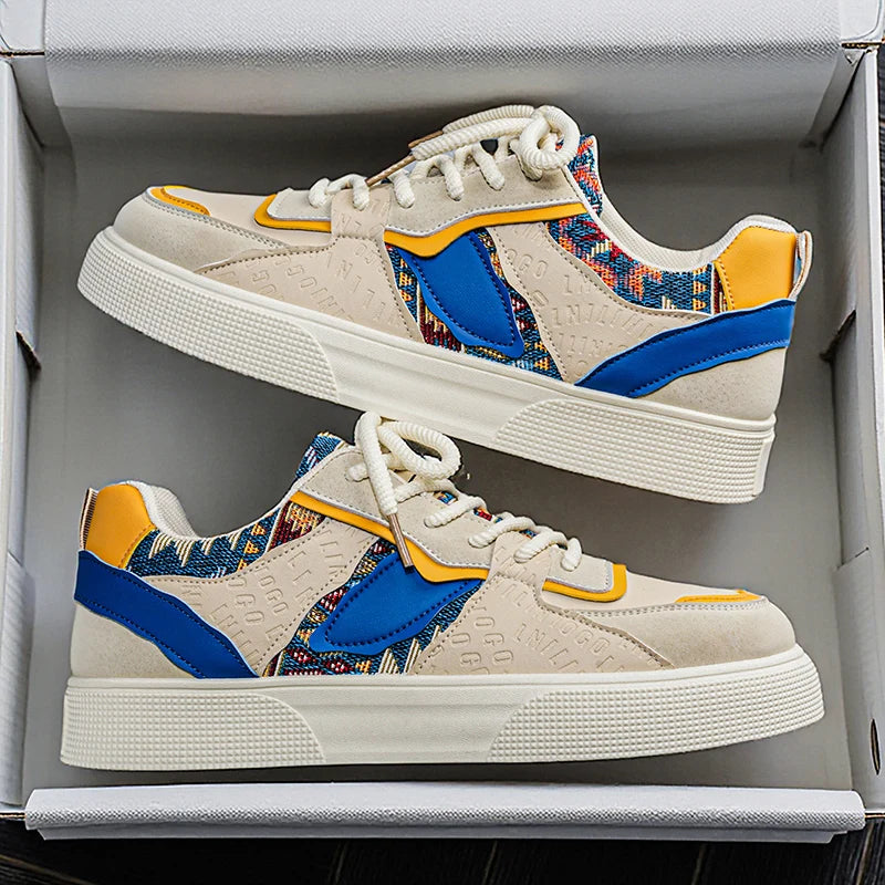 Men's Vintage Patchwork Platform Sneakers - Ethnic Tribal Print Low-Top Casual Shoes, Retro Fashion Walking Sneakers for Men