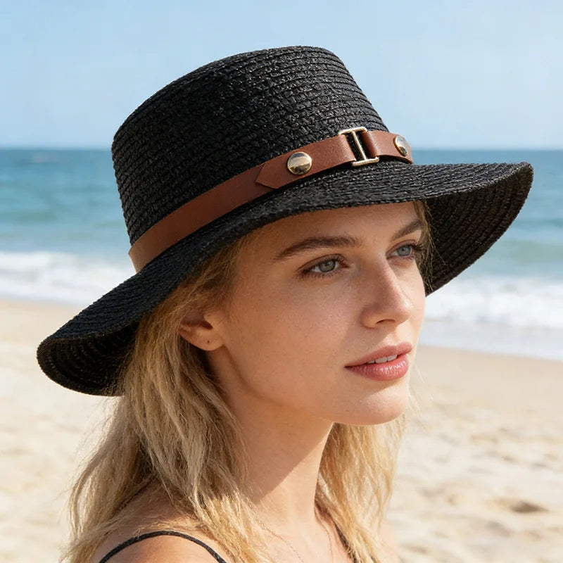 Women'S Summer Straw Hat with a Flat Top, Perfect for Outings And Sun Protection at The Beach.