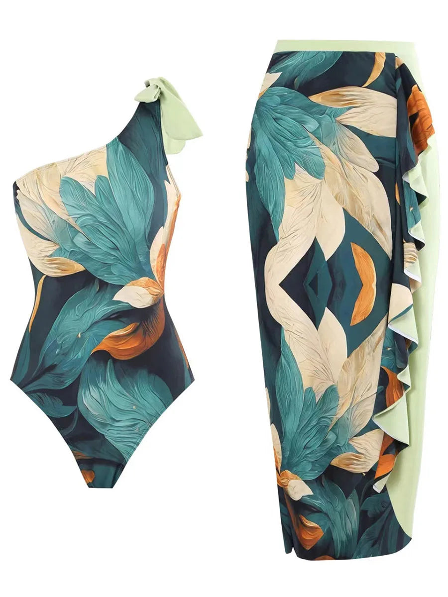 2026 One Shoulder Swimsuit & Long Skirt Padded Sexy Swimwear Women Bathing Suit Female Swimming Summer Beachwear Bodysuit