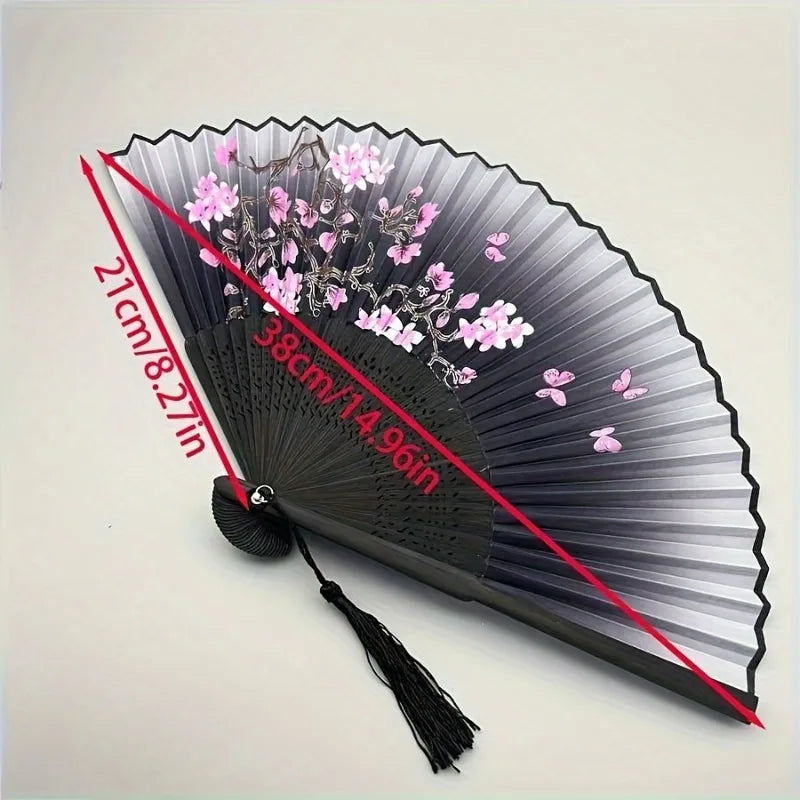 1 Vintage Floral Cherry Blossom Fan with Pink & Purple Artwork, Lightweight Portable Hand Fan for Hanfu Dance