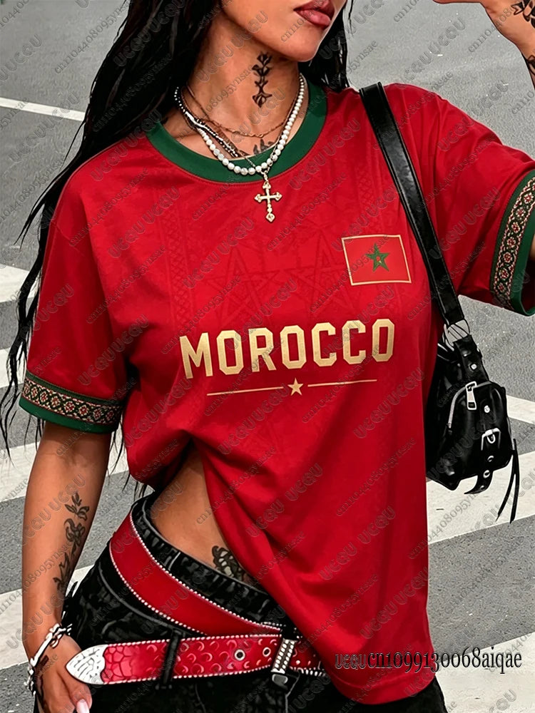 Summer New Vintage Morocco Print Women O-Neck Crop Tops Patchwork Short Sleeve Sports Football Jersey Y2K Morocco Street Tops