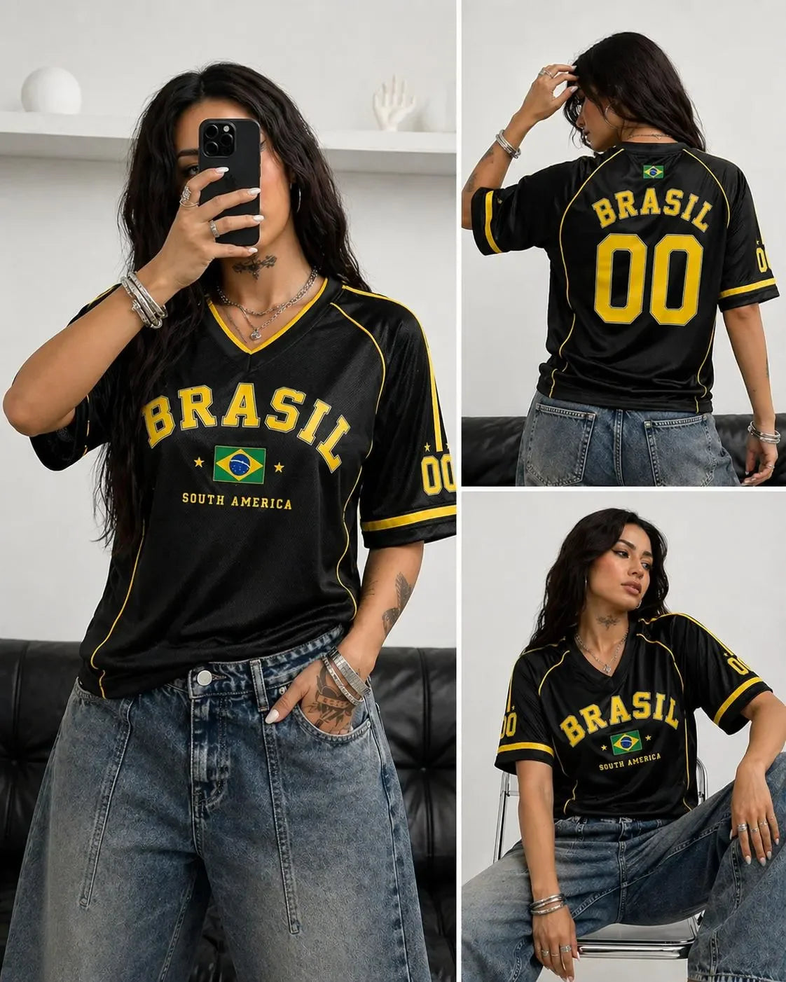 Women's Brazil 00 Print V-Neck Short Sleeve T-Shirt Summer Graphic Tee Jerseys Plus Size Sport T-Shirt