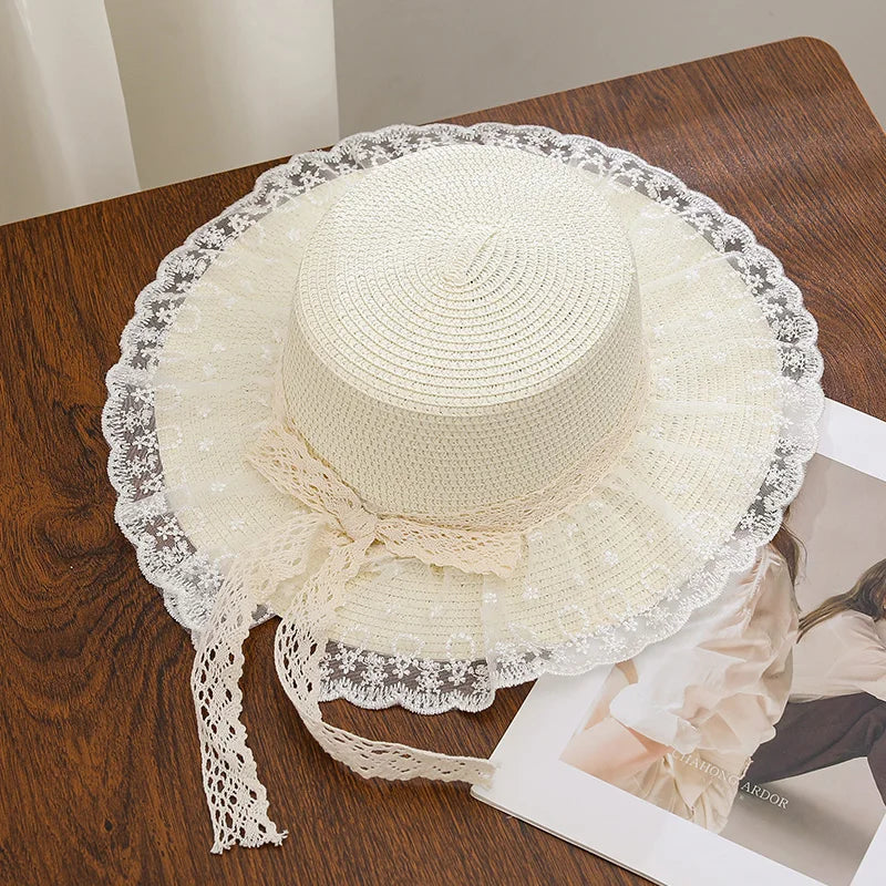 Summer outdoor travel sun hat for women, beach vacation sun hat with bow and ribbon, large brim straw hat
