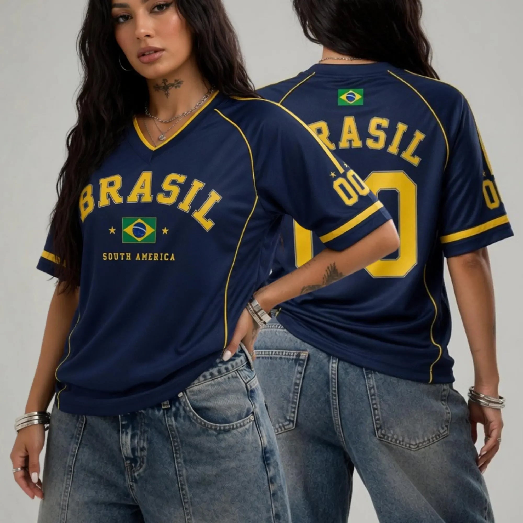 Women's Brazil 00 Print V-Neck Short Sleeve T-Shirt Summer Graphic Tee Jerseys Plus Size Sport T-Shirt