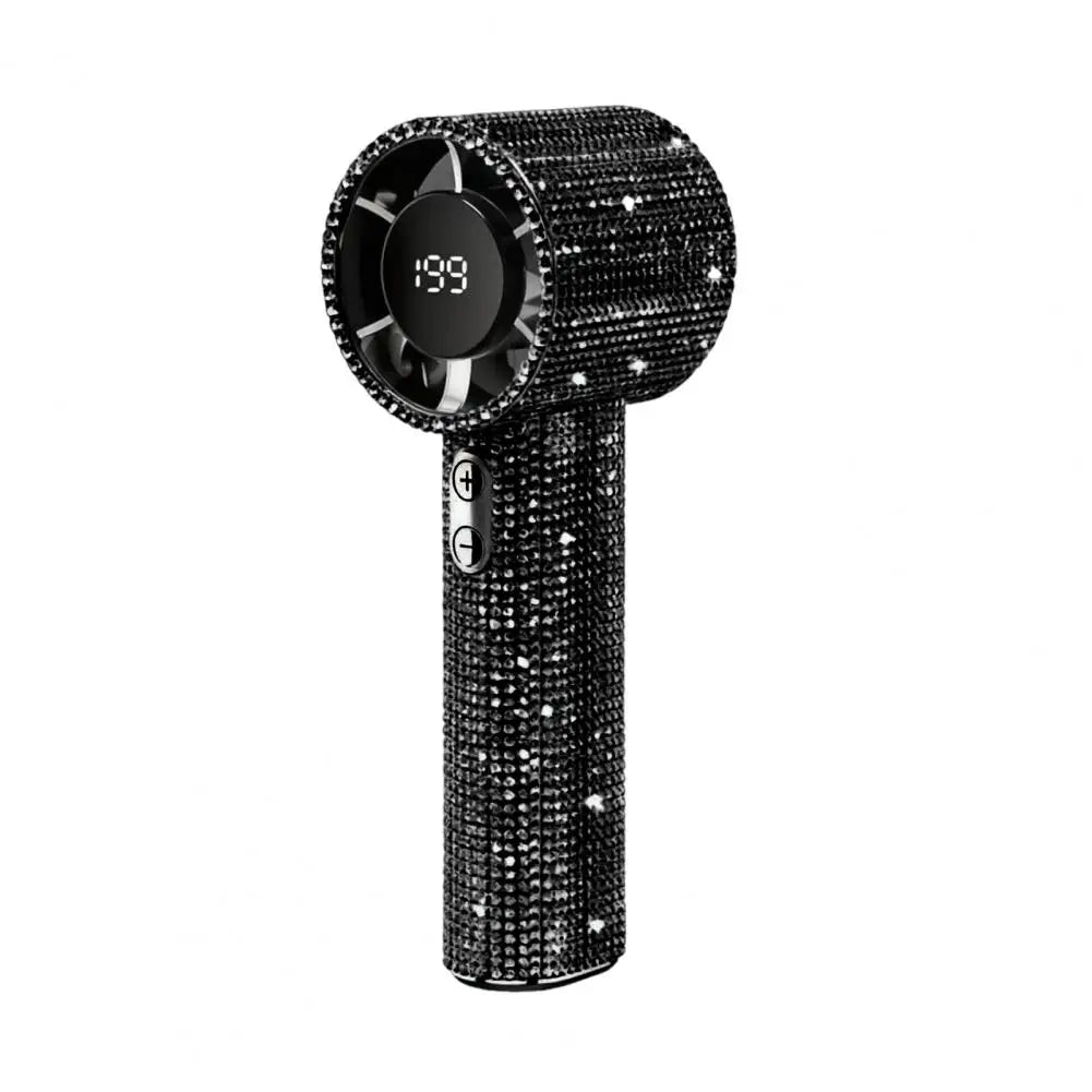 Rhinestone Handheld Fan with Digital Display, Turbo High Speed Portable Mini Fan, Quiet Operation Cooling Fan for Outdoor Travel