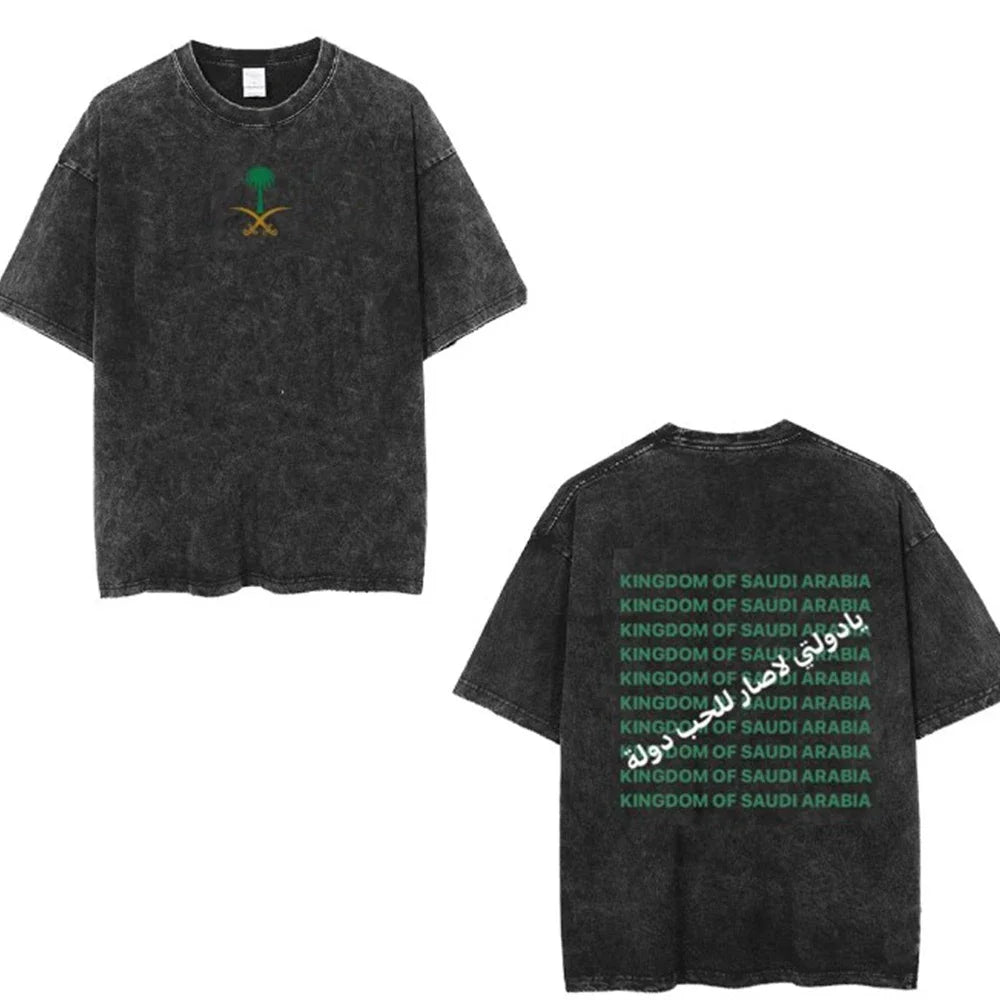 Saudi National Day T-shirt 100% Cotton Clothing Short Sleeve Tops Eid Al-Fitr Tshirt Washed T Shirts Summer Tees Casual Top