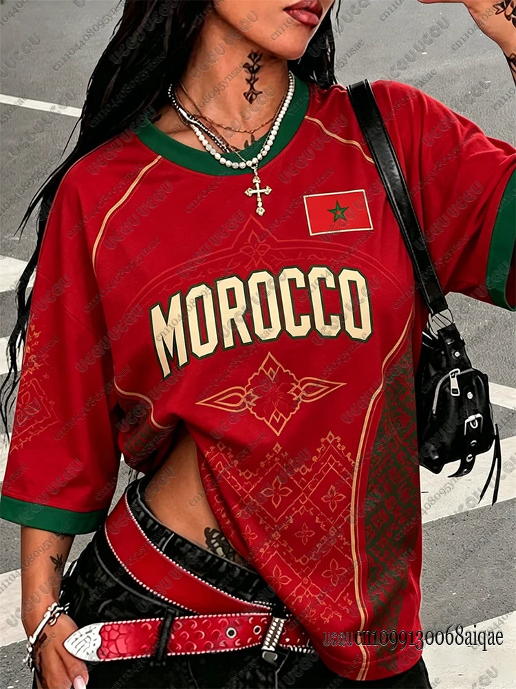 Summer New Vintage Morocco Print Women O-Neck Crop Tops Patchwork Short Sleeve Sports Football Jersey Y2K Morocco Street Tops