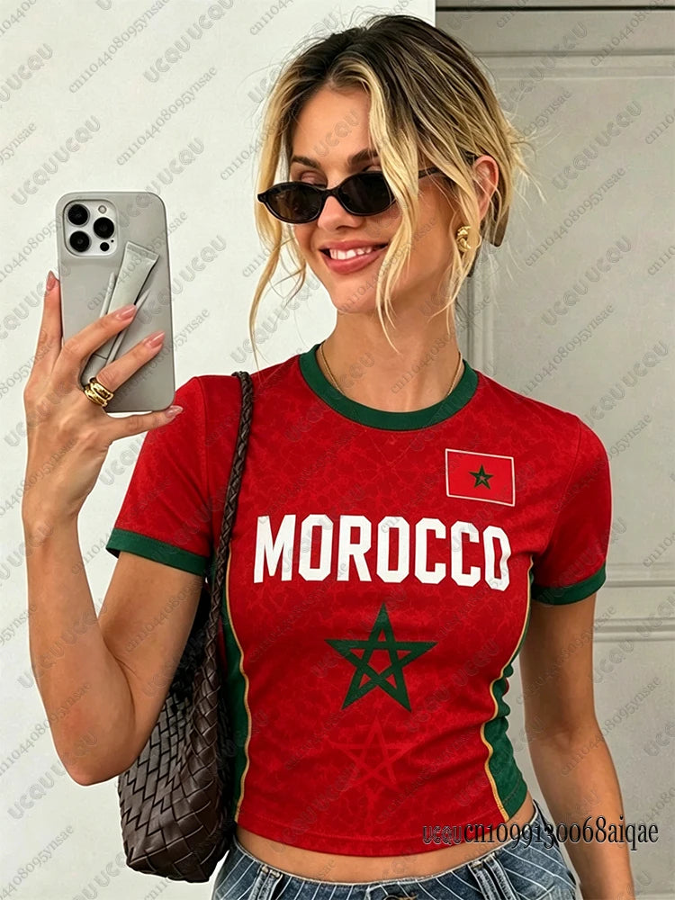 Summer New Vintage Morocco Print Women O-Neck Crop Tops Patchwork Short Sleeve Sports Football Jersey Y2K Morocco Street Tops