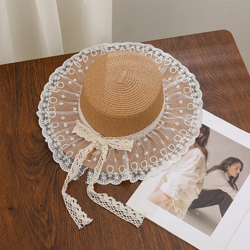 Summer outdoor travel sun hat for women, beach vacation sun hat with bow and ribbon, large brim straw hat