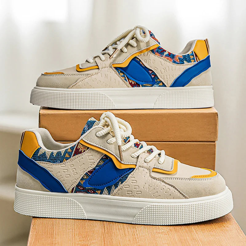 Men's Vintage Patchwork Platform Sneakers - Ethnic Tribal Print Low-Top Casual Shoes, Retro Fashion Walking Sneakers for Men