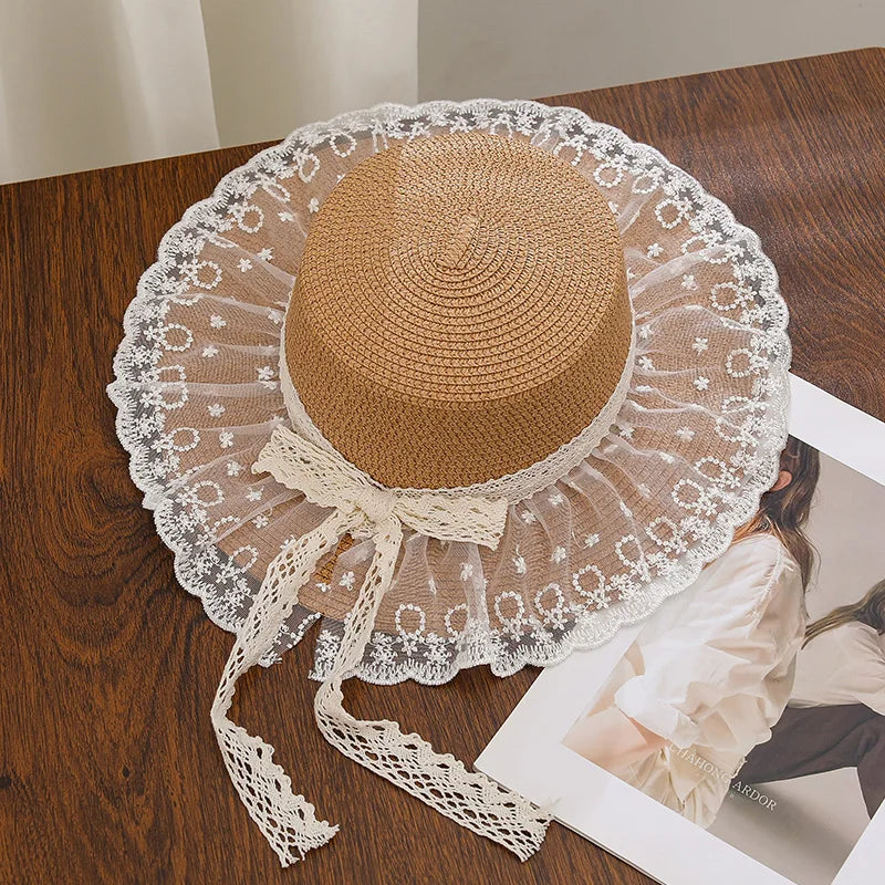 Summer outdoor travel sun hat for women, beach vacation sun hat with bow and ribbon, large brim straw hat
