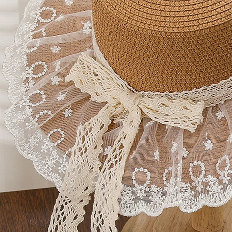 Summer outdoor travel sun hat for women, beach vacation sun hat with bow and ribbon, large brim straw hat