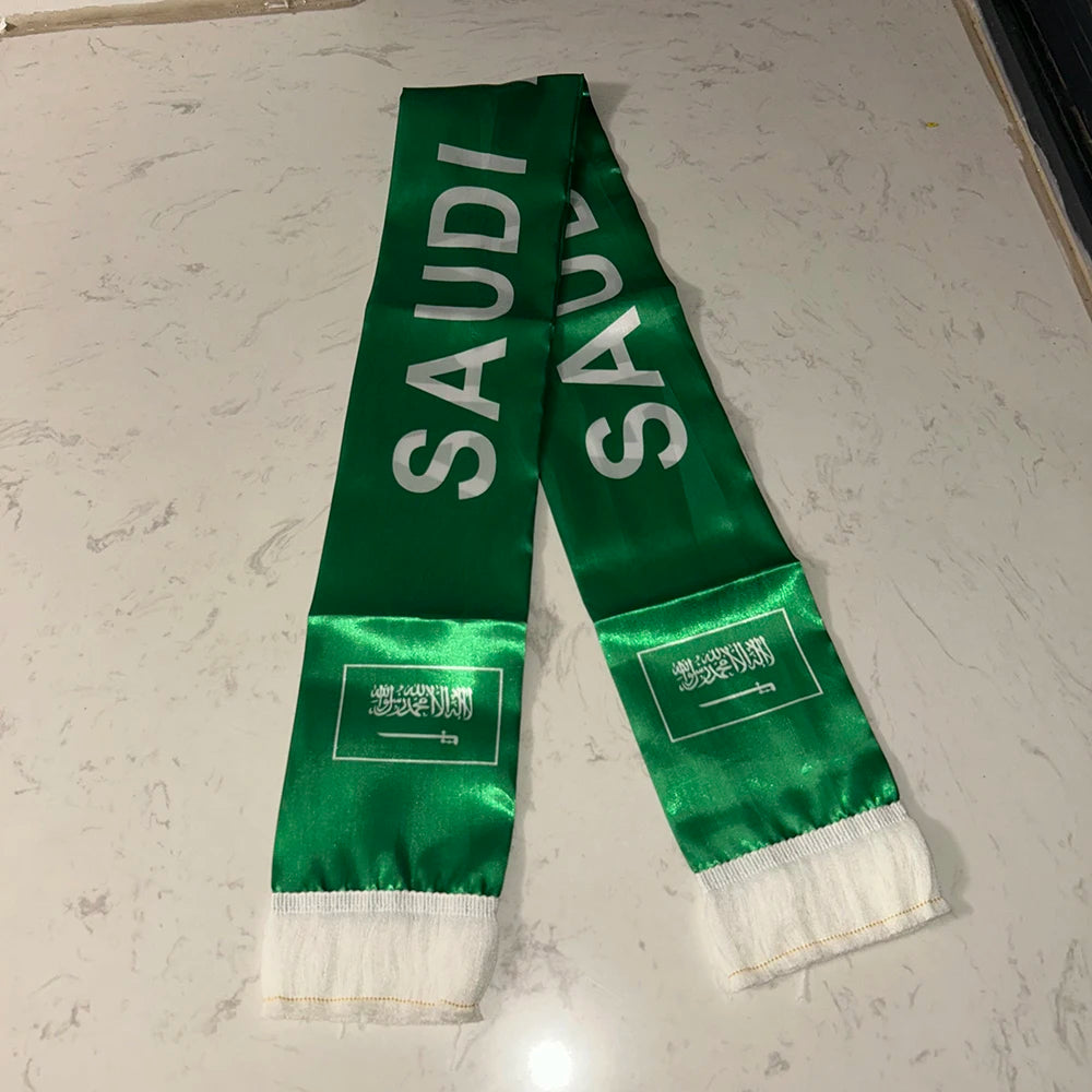Saudi Arabia Scarf 12/14x135cm Double Printed Satin Saudi Arabia Flag Scarf Tassels for 2026 Football cup, Sports, Events