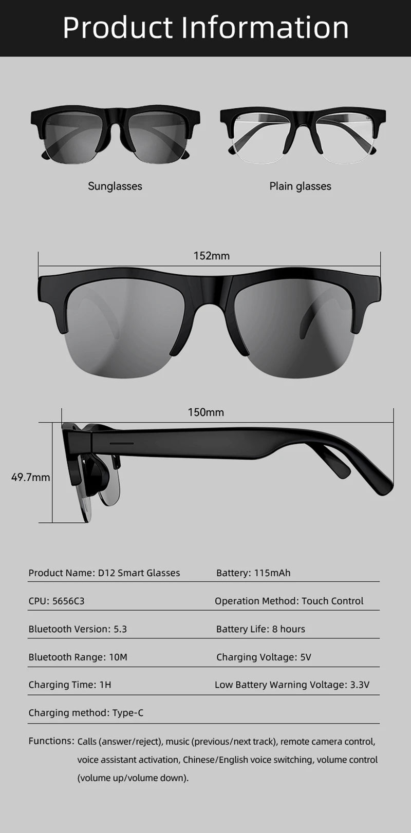 AI Smart Glasses 4K Remote Control Touch Photo Camera Recording Translator Voice Assistant Wireless Bluetooth Eyewear