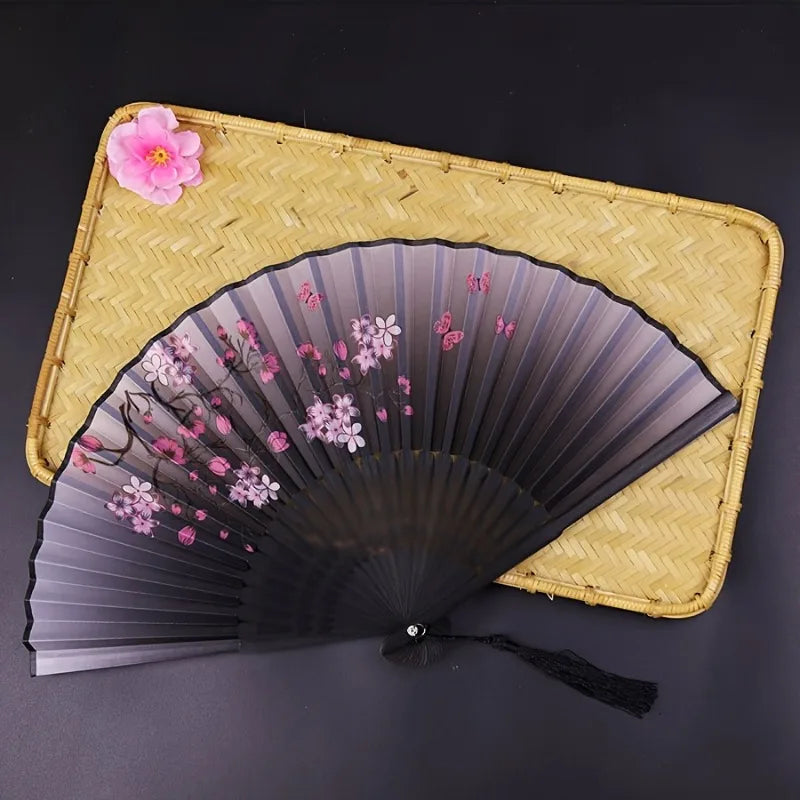 1 Vintage Floral Cherry Blossom Fan with Pink & Purple Artwork, Lightweight Portable Hand Fan for Hanfu Dance